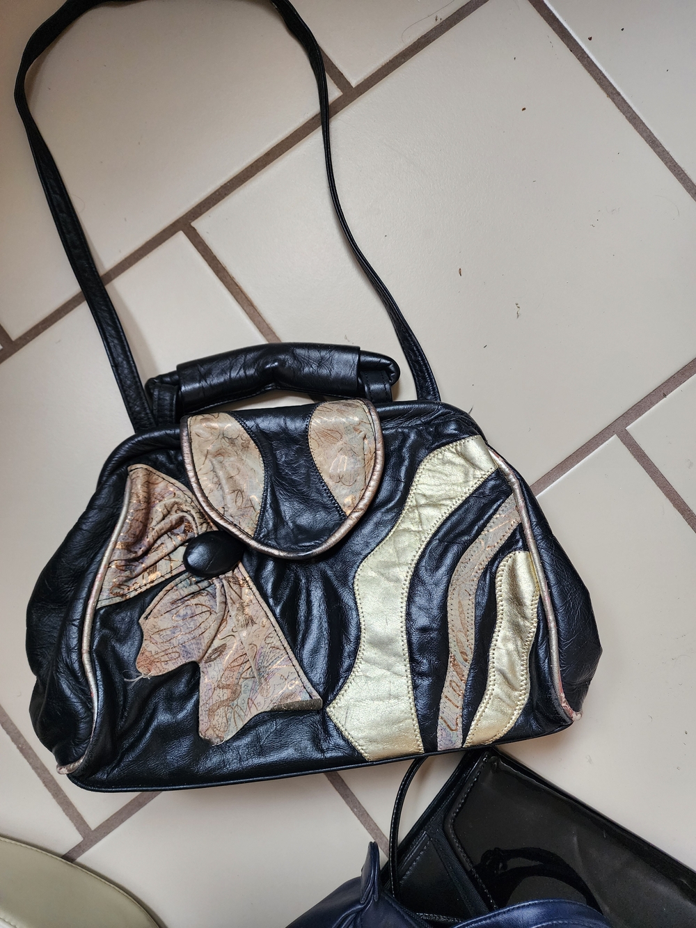 Black and Leather Patchwork Shoulder Bag